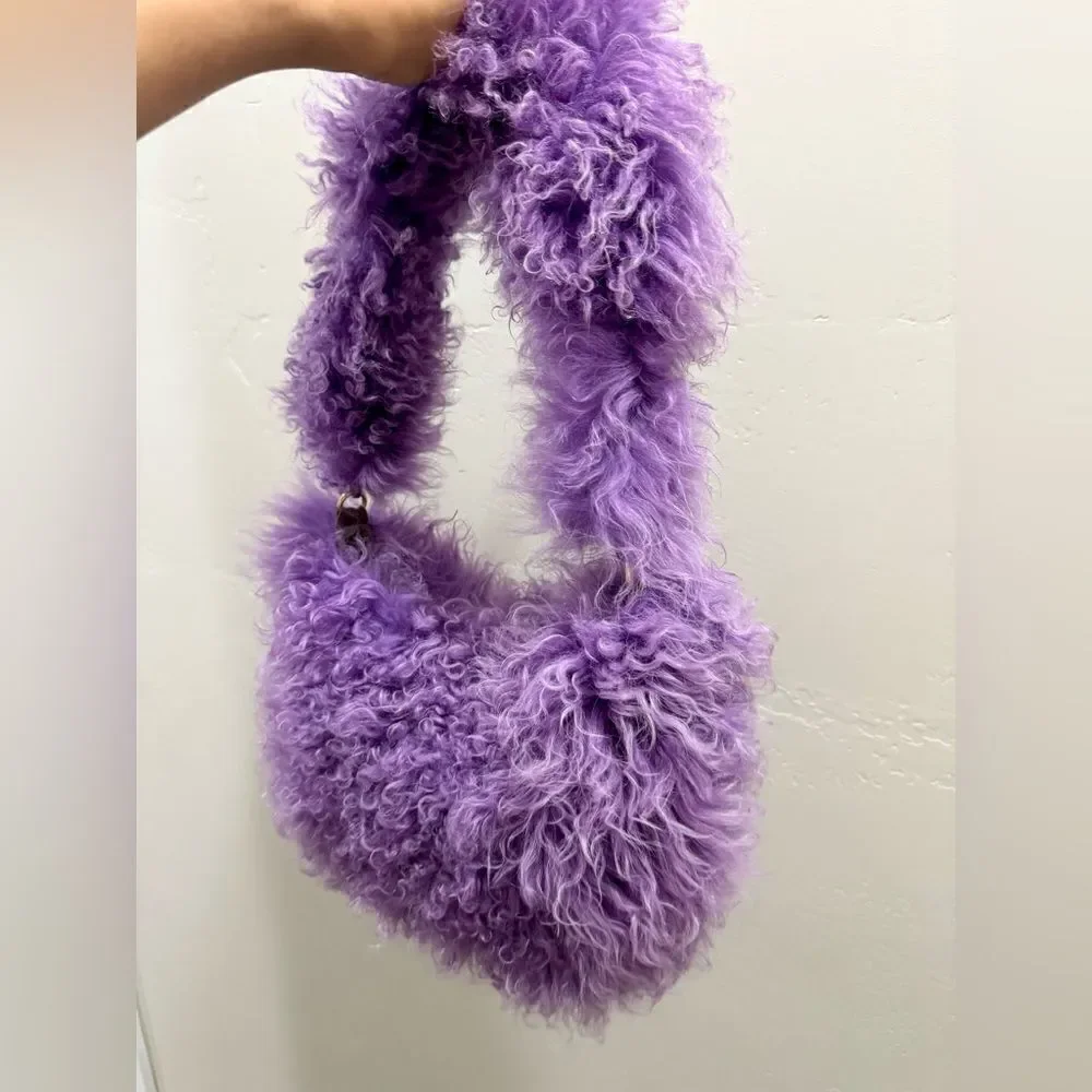 Handmade Lavender Real Curly Shearling Fashion Hobo Bag/Shoulder Bag/Crossbody